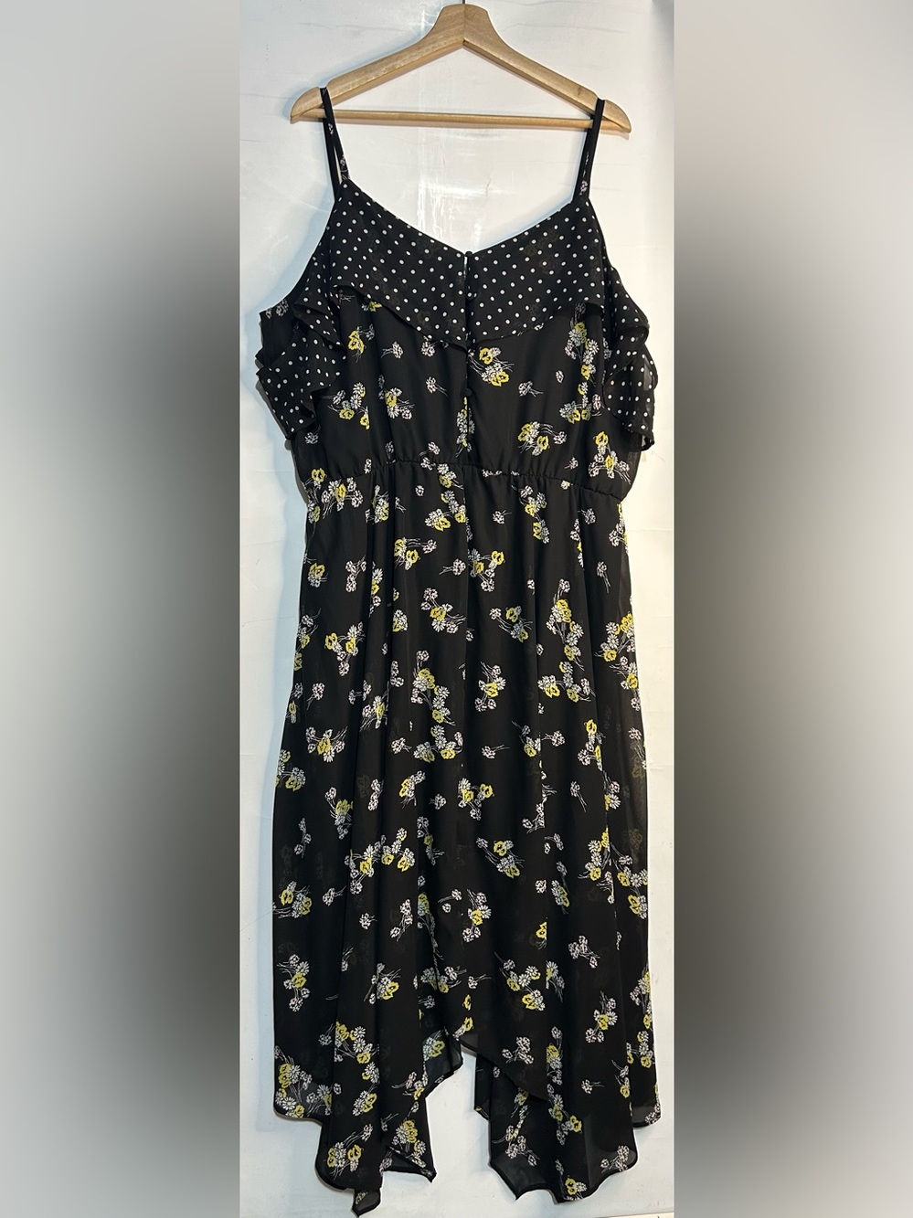 Maurices Floral Asymmetrical Hem Black Floral Polka Dot Dress Size 2 (2X)